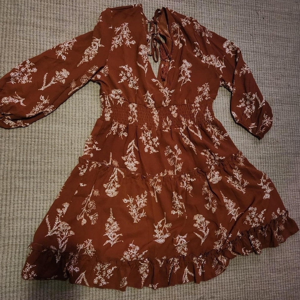 SHEIN Brown Floral Long Sleeve Dress
